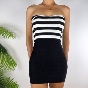 Vintage Y2K Black & White Striped Strapless Bodycon Twee Egirl Mini Dress / S